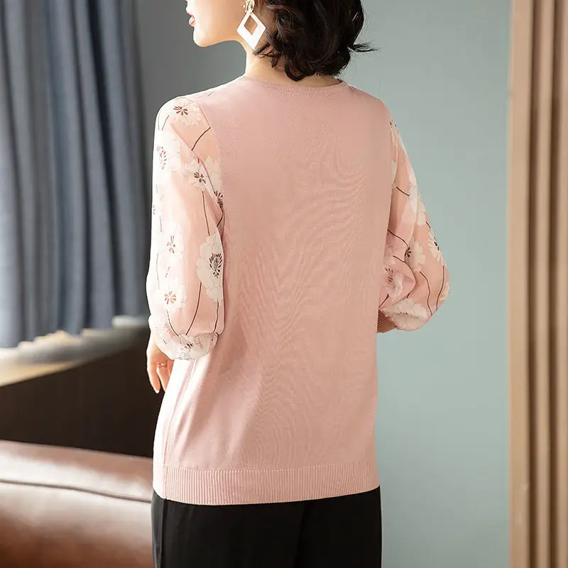 Women Autumn Elegant Temperament Loose Embroidered Net Yarn V-neck 3/4 Sleeve Knitwear Ladies Patchwork Casual All-match Tops