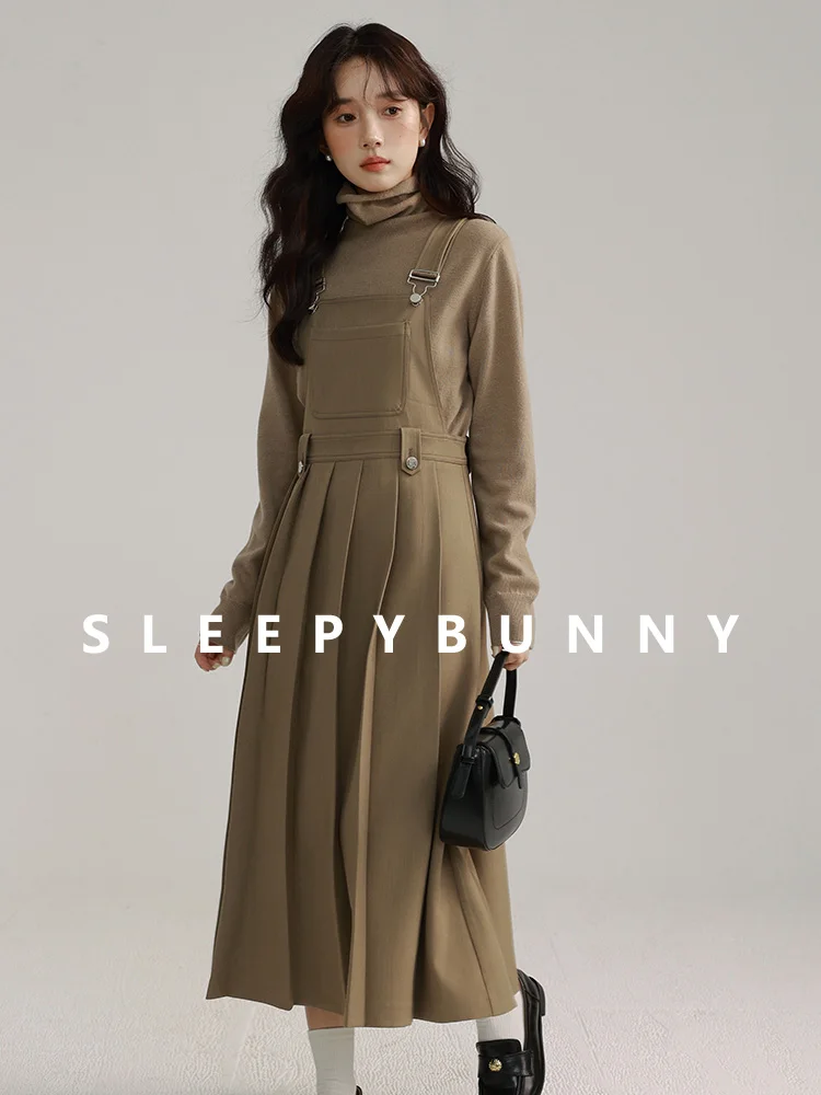 

Elegant Pleated Suspender Dress Women Autumn High Waist Slim Pinafore Midi Dress Casual Vintage Sleeveless A-line Dress Outfit