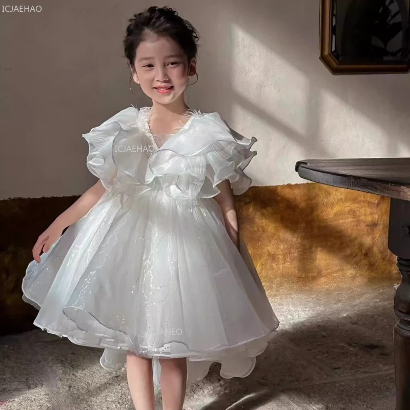 

Kids Girls White Birthday Princess Dress Children Performance Pageant Formal Celebration Puffy Tulle Gown with Long Train Host
