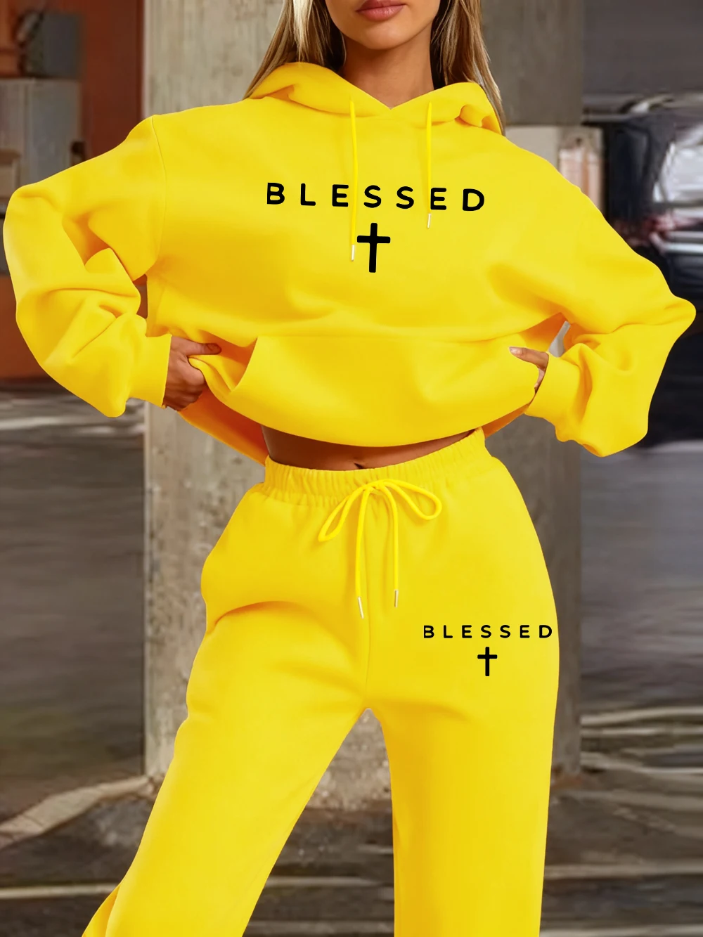 2 Piece Hoodies Set Womens Blessed Cross Prints Sweatpantswinter Fleece Warm Pocket Pants Sweatshirt Sporty Oversized Clothes view 5
