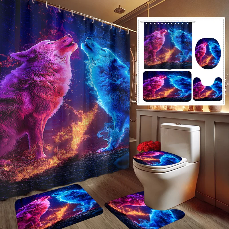 

4pcs Twin Wolves Dancing in The Night Sky 2D Flat Printed Shower Curtain Set, Decorating Bathroom Set Includes Shower Curtain
