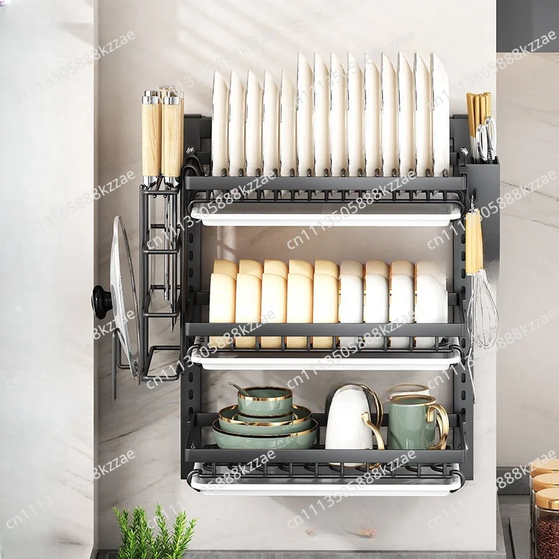 Dish Rack Wall Mounted Multifunctional Storage Rack Convenient  Cupboard with Chopsticks Knives Plates Draining Storage Kitchen