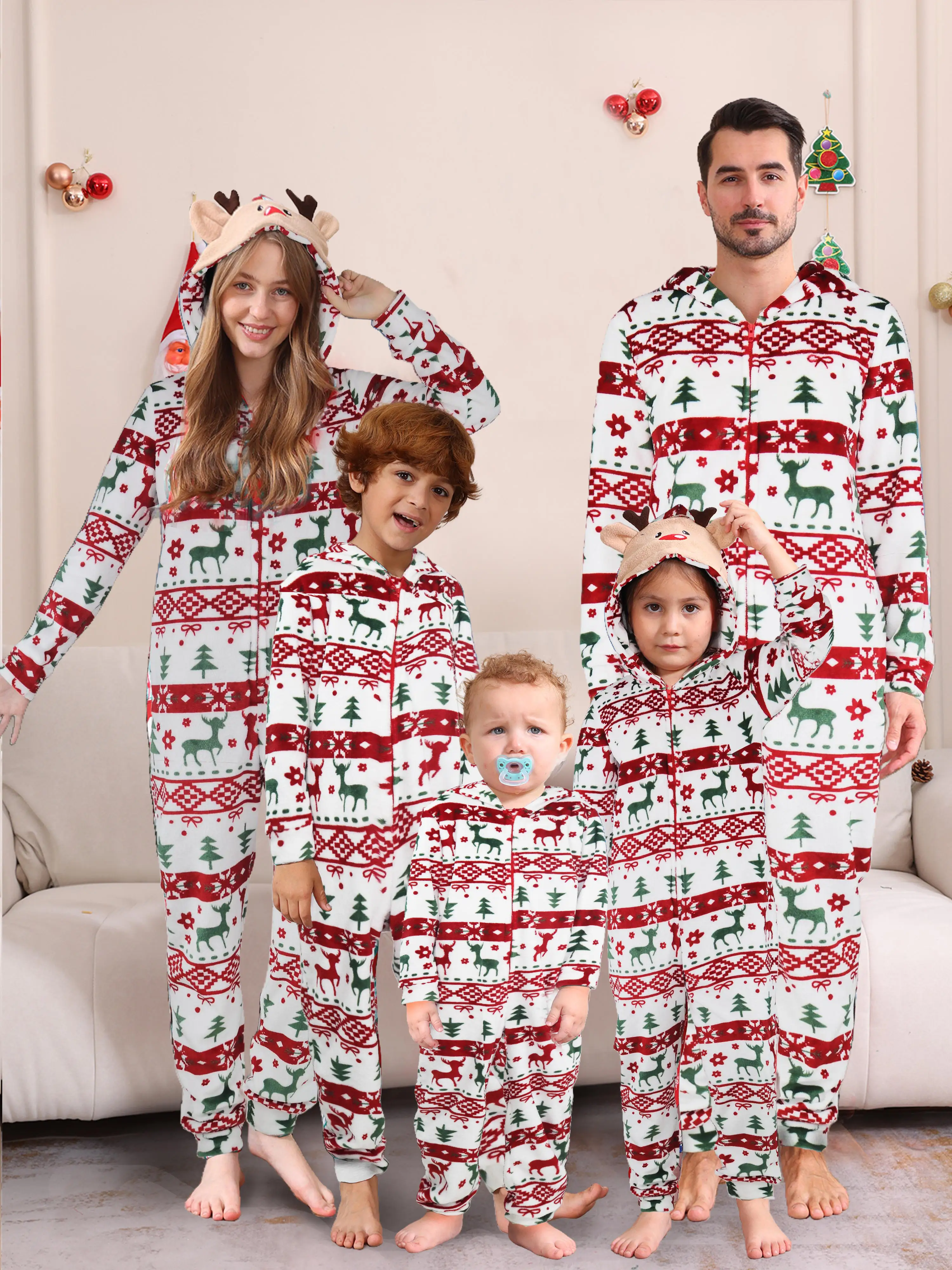 2025 Winter Velvet Warm Soft Pjs Family Christmas Clothing Set Zipper Hooded Jumpsuit Soft Loose One-piece Suit Sleepwear Onesie