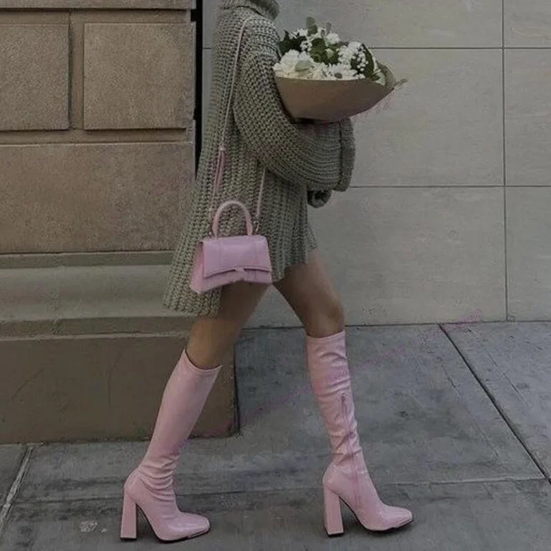 

Pink Patent Leather Chunky High Heels Boots Solid Color Pointed Toe Shoes for Women Knee High Shoes 2023 Zapatos Para Mujere