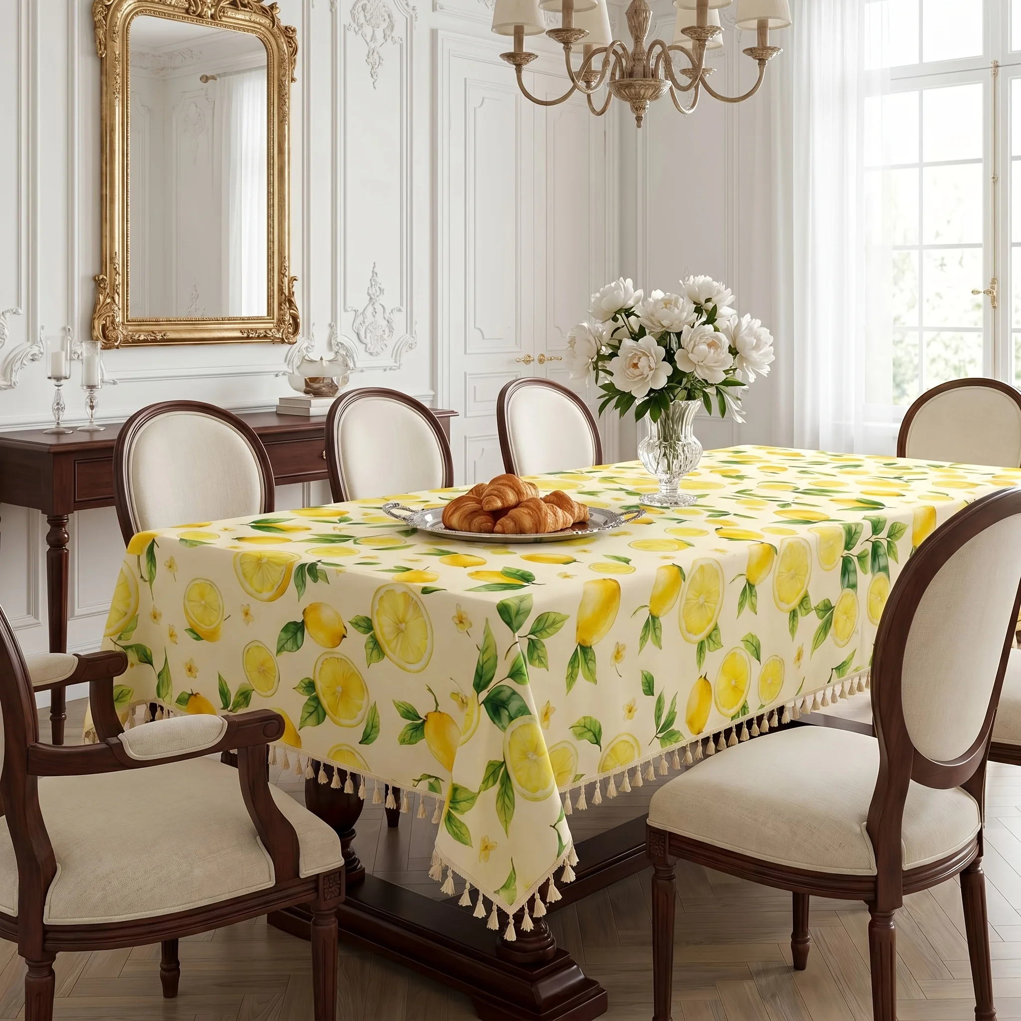 1pc Fresh Lemon Pattern Tablecloth with Beige Fringe, Digital Print Lemon Pattern, Perfect for Holiday Gatherings and Everyday Dining