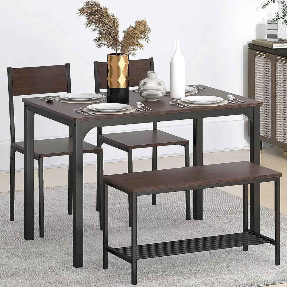 

Dining Table Set for 4,with Bench and 2 Chairs, for Breakfast Nook, Dinette, Kitchen and Dining Room, Dark Walnut