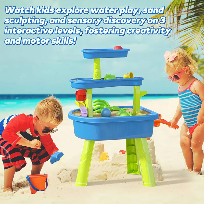 Tavolo da acqua con sabbia a 3 livelli per bambini con accessori per giocattoli d'acqua Tavolo da acqua estivo per i più piccoli Regalo di giocattoli da spiaggia per piscina da giardino all'aperto