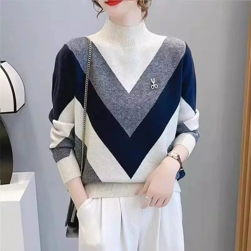 2024 New Half Turtleneck Sweater Women Autumn Winter Thicken Color Blocked Pullover Sweater Female Loose Casual Knitted Jumper