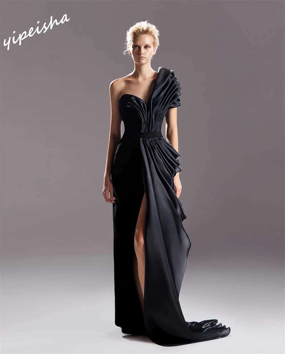 Exquisite One-shoulder Sheath Floor Length Evening es Draped Satin Customized