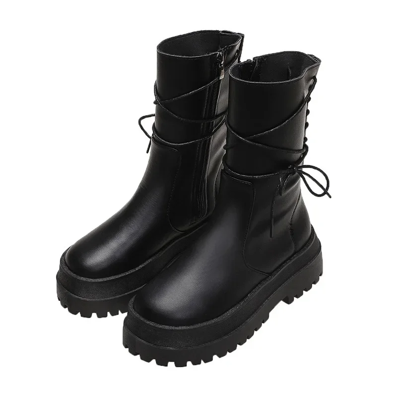 Women Boots 2021 New Leather Thick-soled 6 Boots Women\'s Short Boots Side Zipper Rider Boots Back Lace Mid-tube Boots