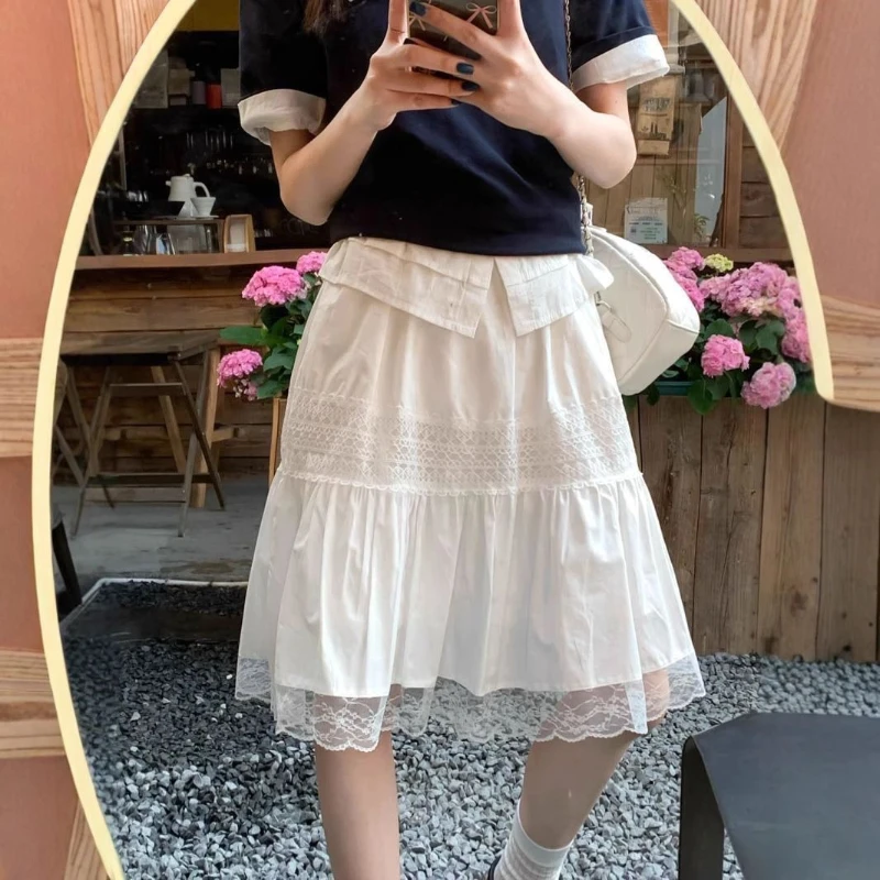 Deeptown Sweet White Short Skirts Women Elegant Kawaii Lace Patchwork Skirt Coquette Fashion Cutecore Summer A-line Mini Skirts