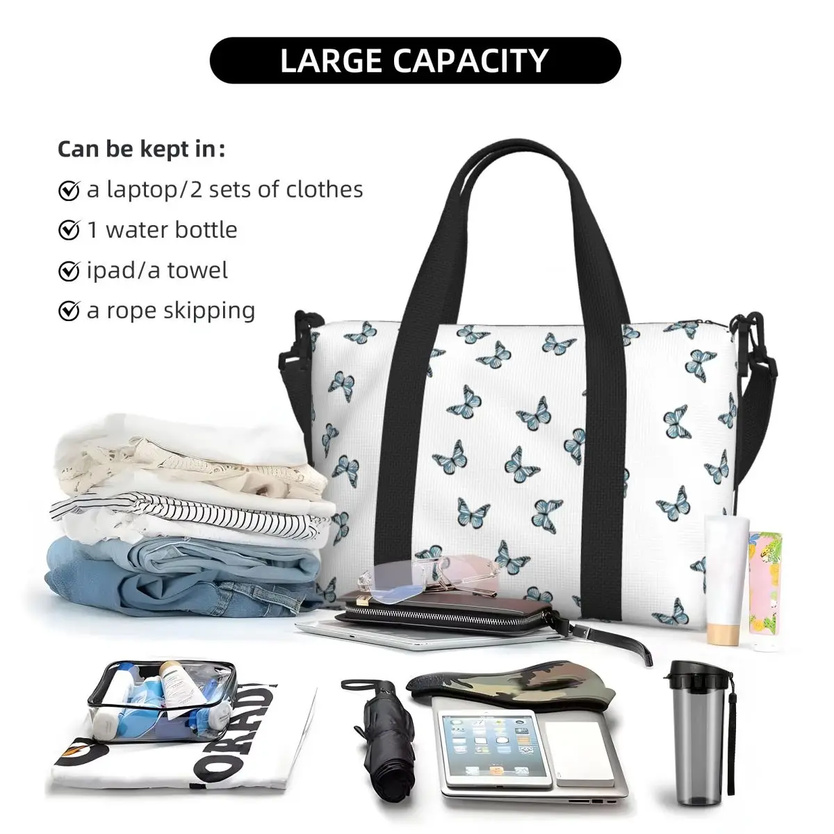 Custom Blue Pastel Butterflies Beach Travel Bag Large Capacity Tote Bags for Gym Yoga Women Shopping Duffle Shoulder Bag