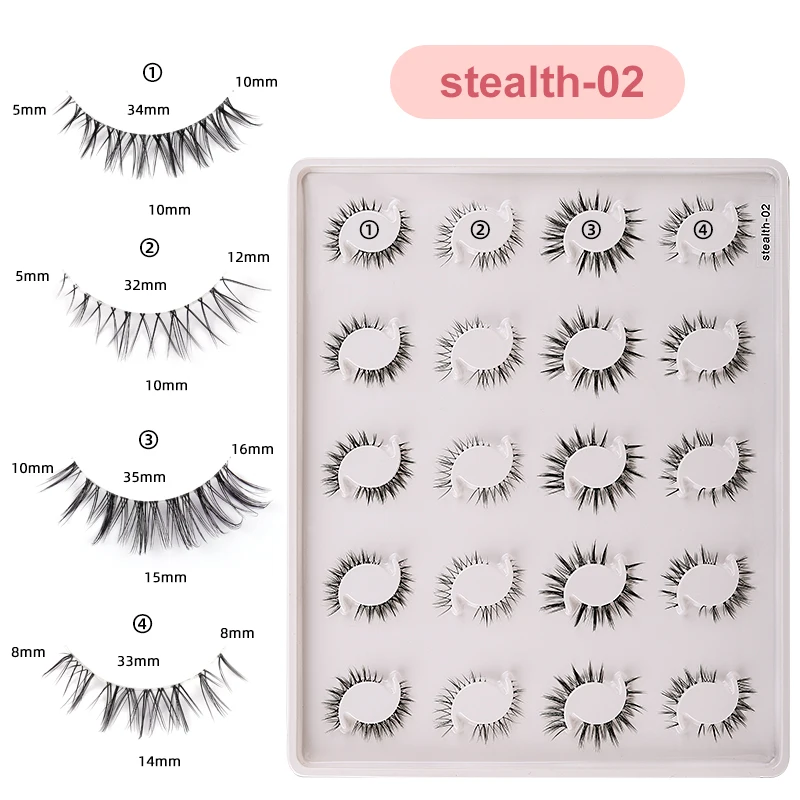 Faux cils de vison naturels coréens, bande complète, bande transparente invisible, faux cils manga cosplay, 4 styles, 20 paires mélangées