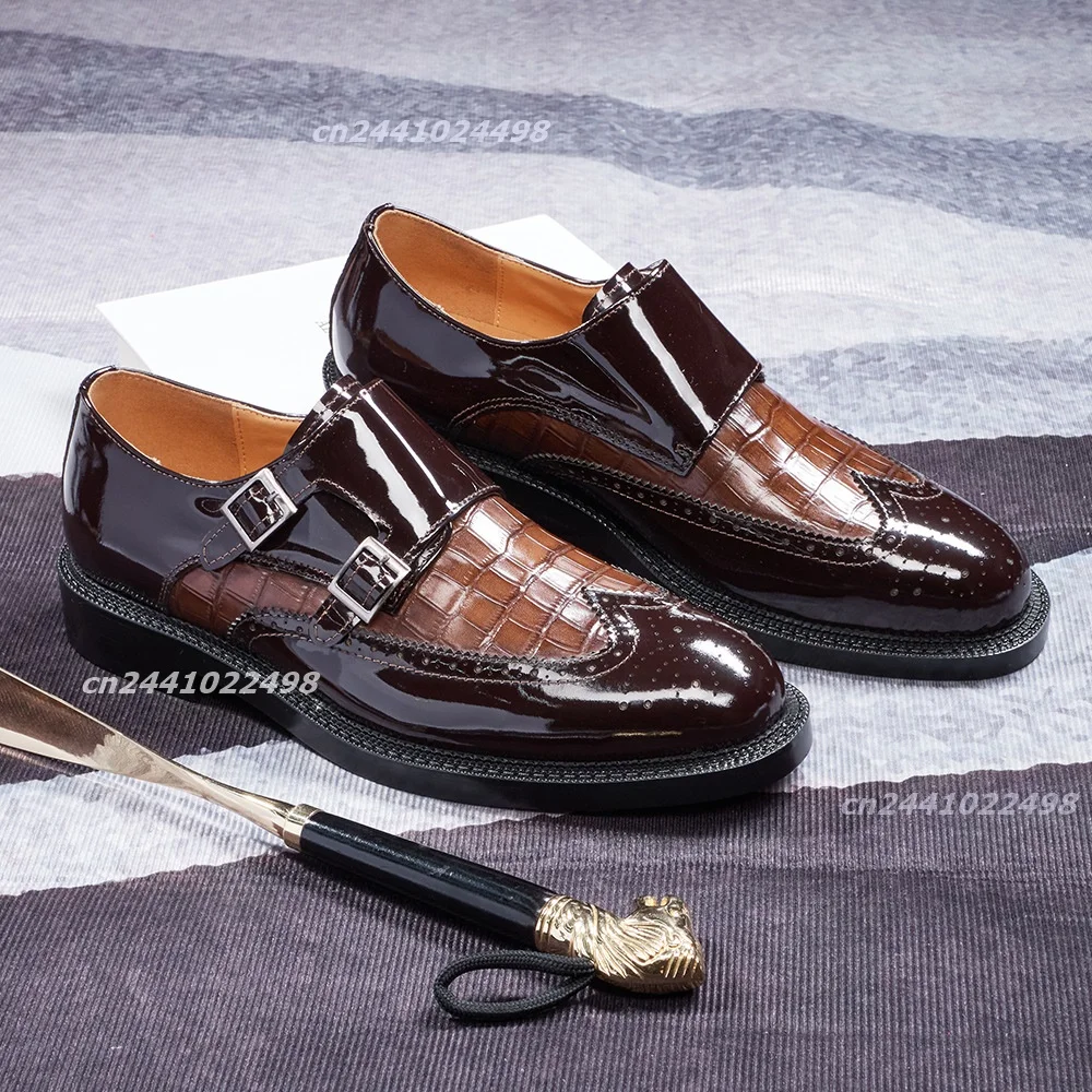 Male Two Buckles Monk Dress Shoes Scale Textured Patchwork Matte Leather Precise Edge Sewing, Low Block Heel Closed Toe Shoes