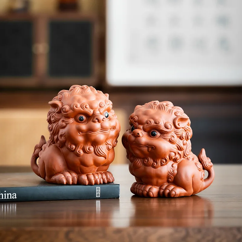 

HYS New Chinese Lucky Purple Sand Pixiu Pair Lion Tea Pet Ornament Home Tea Room Tea Pet Bogu Rack Decoration