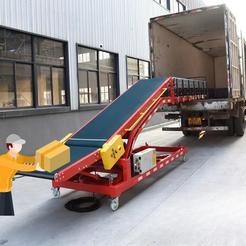 800Mm wide portable movable container truck belt loading and unloading conveyor, carton flexible roller , bag transportation