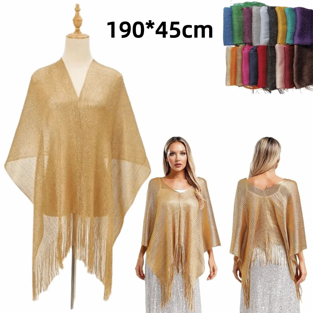 New Gold Silver Shiny Women Scarf Lace Tassel Bright Silk Silk Shawl Sun Protection Evening Dress Scarf Summer Wear