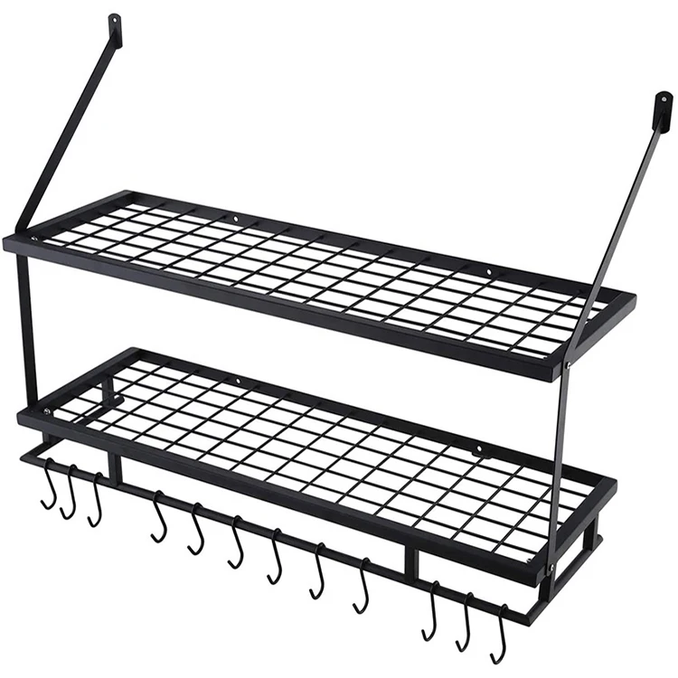 

%￥Black Iron and Stainless Steel Kitchen Wall Mounted Pot Rack Metal Hanging Storage Rack
