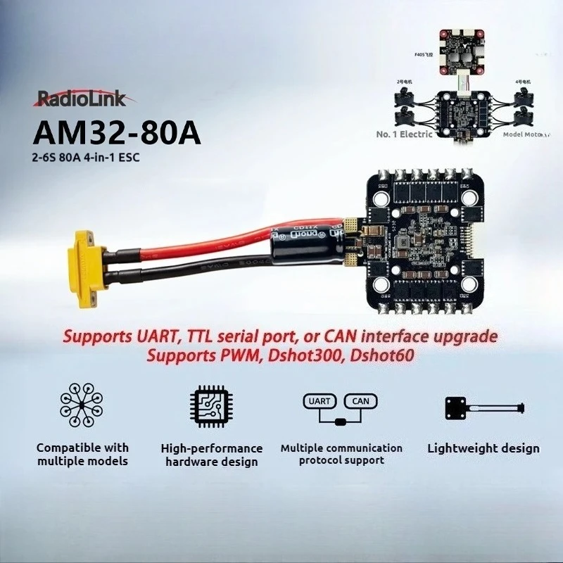 radiolink-xt60-4in1-am32-80a-2-6s-esc-compatibile-con-f405-f722-fc-per-droni-fpv-da-corsa-3-22-pollici-componenti-diy-con-pwm-dshot300-dshot600