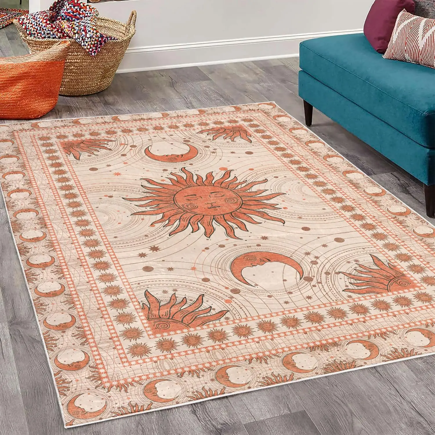 Sun and Moon Decorative Rug, Bohemian Artwork Design of Crescent Solar Ornament Esoteric Stars Ornaments,Quality Carpet for Dorm