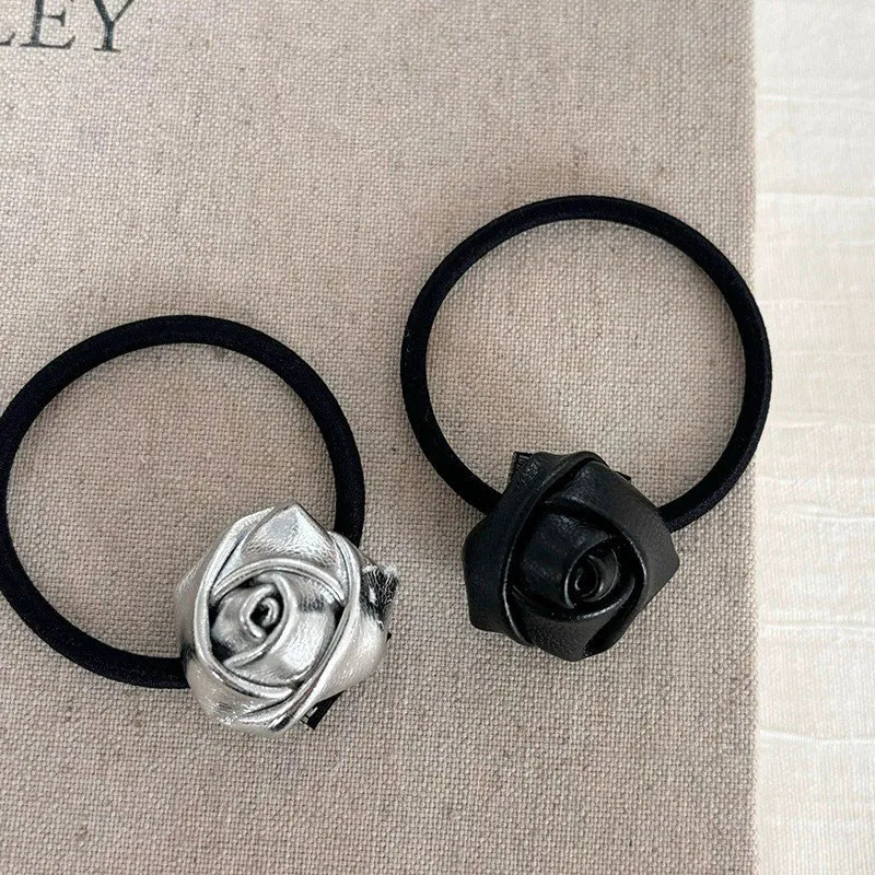 Fashion Silvery Three-Dimensional Leather Rose Flower Hair Band Tied-Up Hair Ponytail Rubber Headband Head Rope Hair Accessories