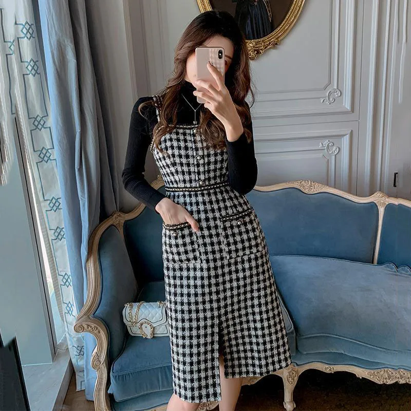 

Women Woolen Plaid Sling Dress New Spring Autumn Slim Strap Houndstooth Dresses Female Fashion Zipper Pocket Split Woolen Dress