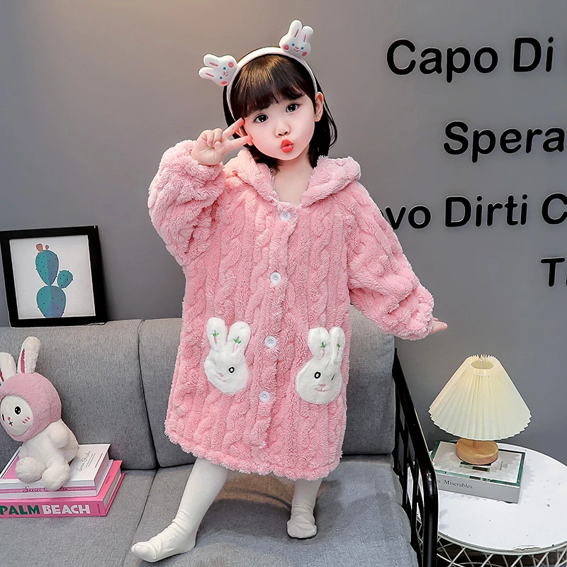 

Winter Pajamas For children Kawaii Flannel Sleepwear Cute Home Wear Robes Baby Boys Girls Cartoon Rabbit Warm Bathrobe 2-10Years