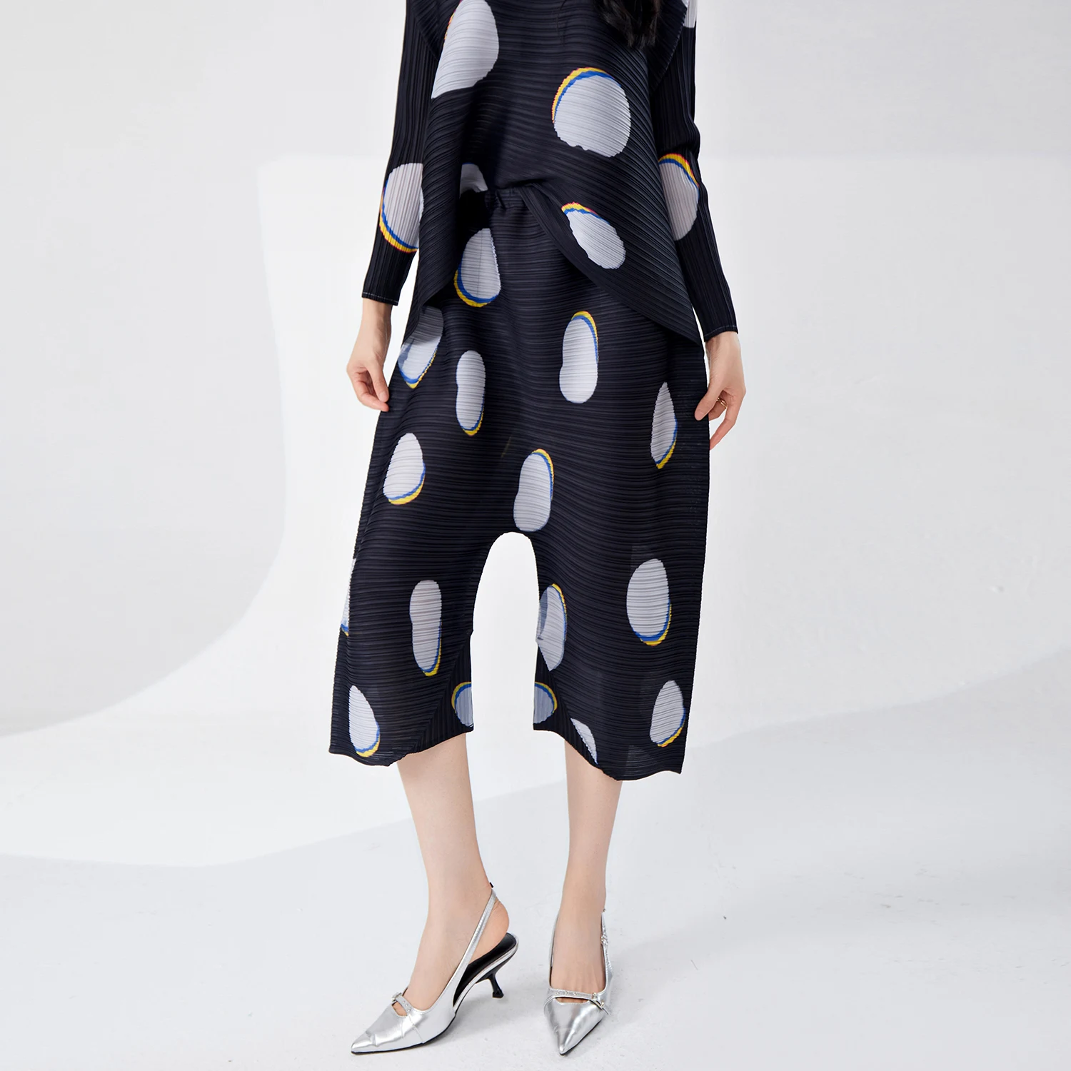 Women's Classic Pleated Wide Leg Pants Plus Size Casual Stretch Printed Polka Dot Design Western Style for Ladies Pants