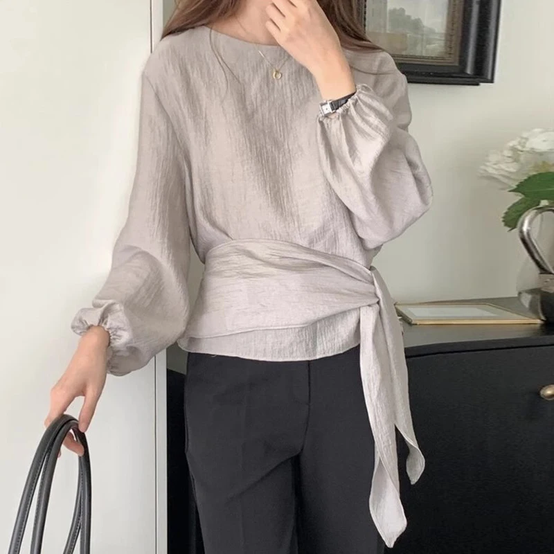 Side Lace-up Design Shirts & Blouses 2024 Woman Blusas Puff Long Sleeve Ropa Mujer Round Neck Camisas Korean Simple Blusa