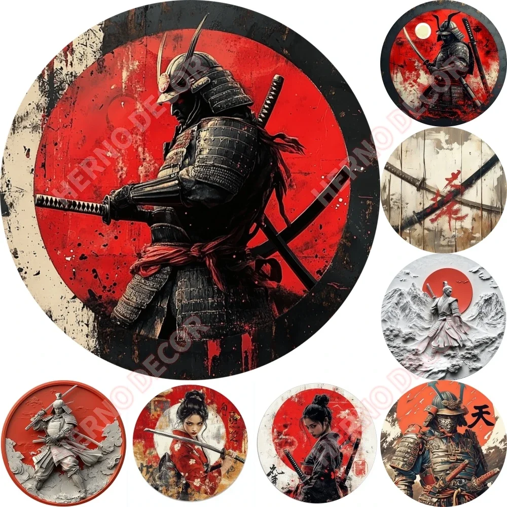 Japanese Samurai Aluminum Wall Art, Retro Style Circular Metal Logo Decoration, Suitable for Manholes, Cafes, Homes Weatherproof