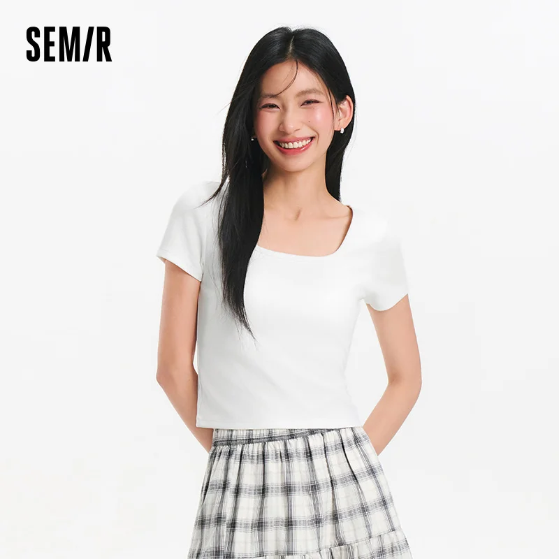 

Semir Short Sleeve T-shirt Women Short Style Square Neck Cool Feeling 2025 New Summer Style Tight Top with Chest Pads