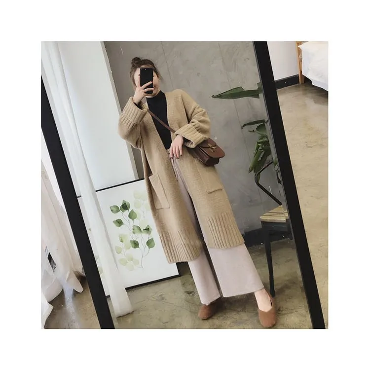 

Mid-Long Cardigans Yellow Womens Winter Casual Mohair Cut Knittedwear Ladies Boxy Edge Knitting Formal Hooded Half-Collar Retro