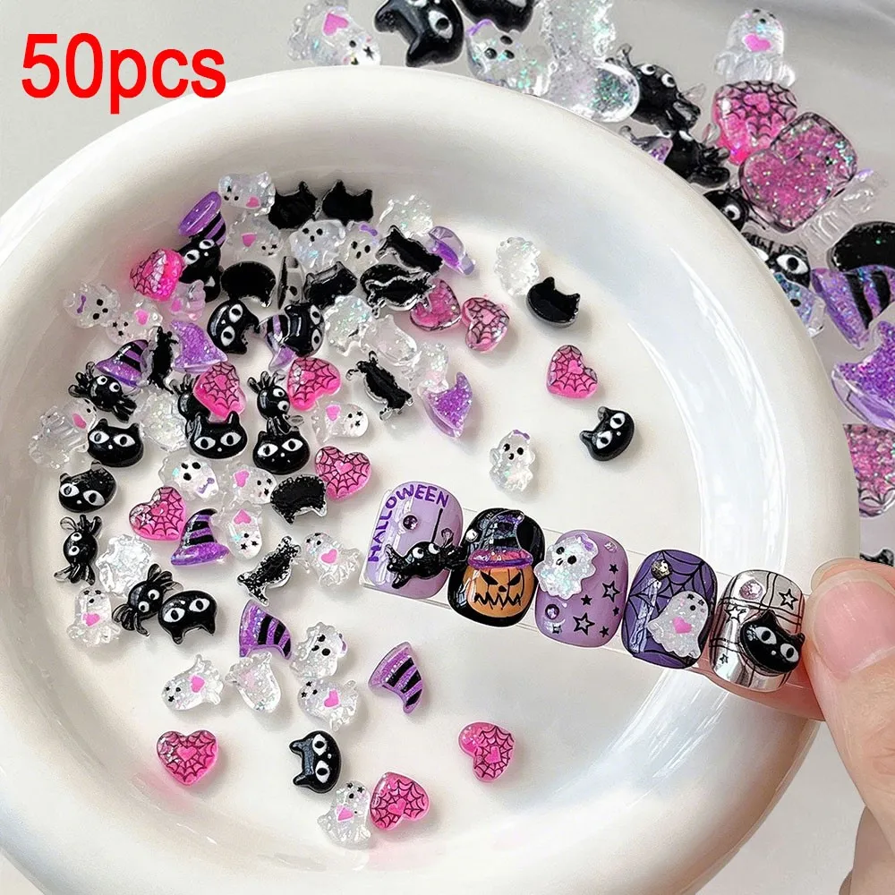 50pcs/bag Cute Ice Transparen Ghost Heart Hat Nail Gems 3D Halloween Black Cat Crab Nail Charms Resin Flatback Nail Decorations