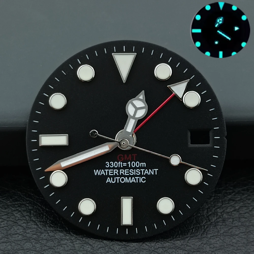 NH34/NH35 single calendar movement dial GMT 28.5mm black sterile watch dial blue-green luminous watch dial watch accessories