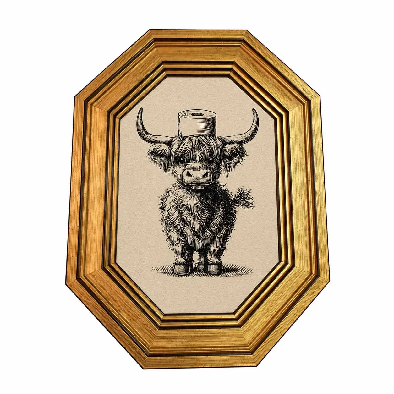 Vintage Octagon Gold Frame Funny Highland Cow Bathroom Art, Dual Use Tabletop Hanging Farm Animal Toilet Wall Decor