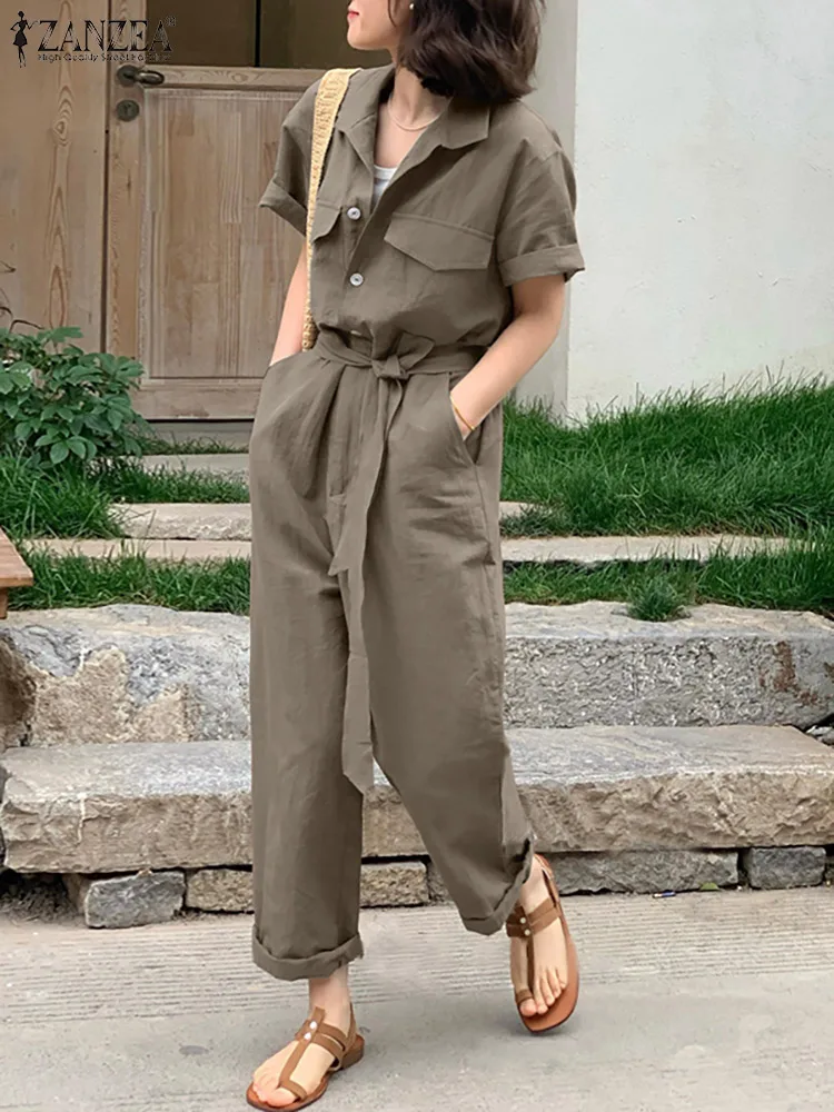 

2023 ZANZEA Summer Women Lapel Neck Rompers Short Sleeve Jumpsuits Solid Loose Playsuits Work Suspenders Casual Cargo Overalls