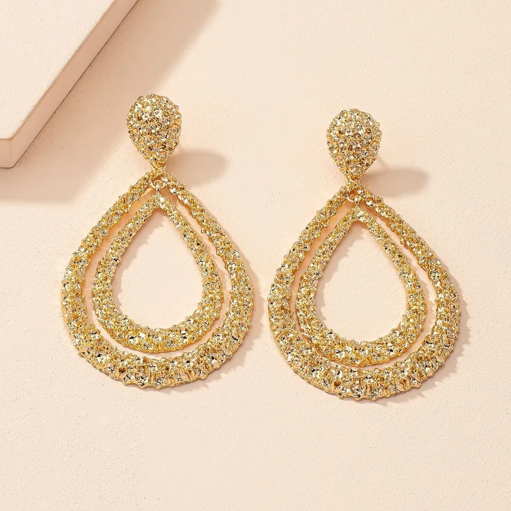 Double Layer Water Drop Earrings Solid Color Casual Hollow Round Earrings Teardrop-shaped Earring Pendant Exaggerated Earrings