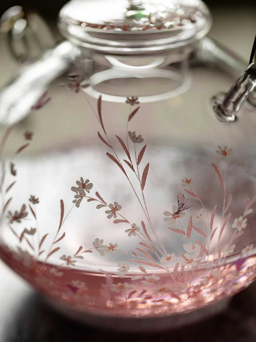 Handmade High Borosilicate Glass Tea Pot with Handle Heat Resistant Tea Brewing Pot Single Pot Elegant Pinkish Aesthetic