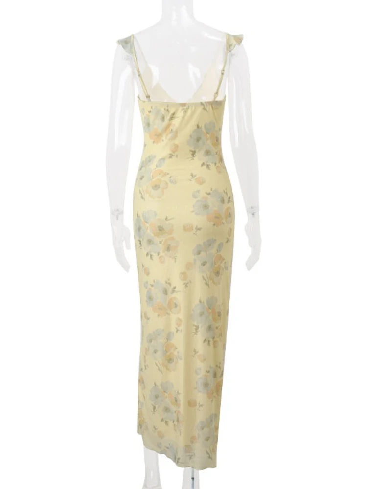 Deeptown Women's Ruffles Mesh Dresses Beach Vacation Sexy Low-cut Dress Flower Printed Elegant Sleeveless Backless Yellow Dress