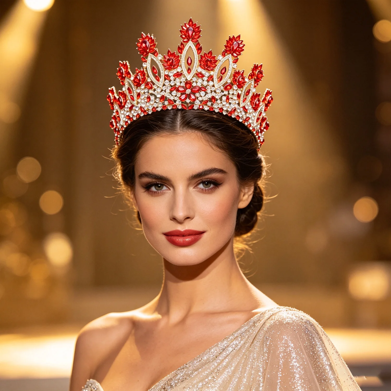 Luxury Red Crystal Queen Crown Flower Pageant Tiara Wedding Bridal Competition Headwear