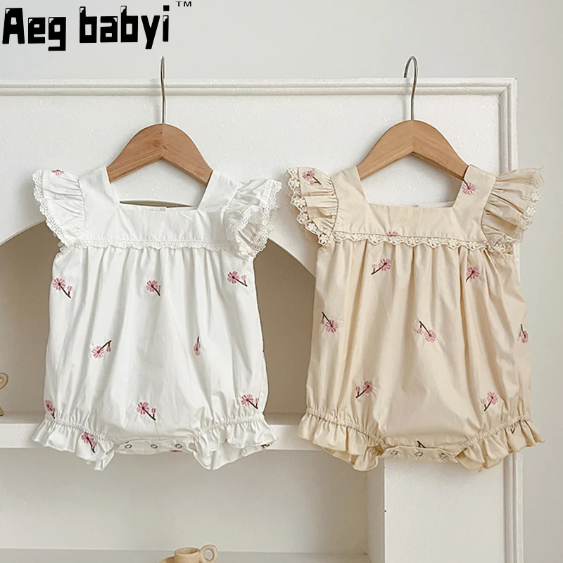 

Summer Newborn Baby Girls Bodysuit Lace Embroidery Flying Sleeve Cotton Soft Jumpsuits Infant Kids Boy Jumpsuit Clothing 0-24M