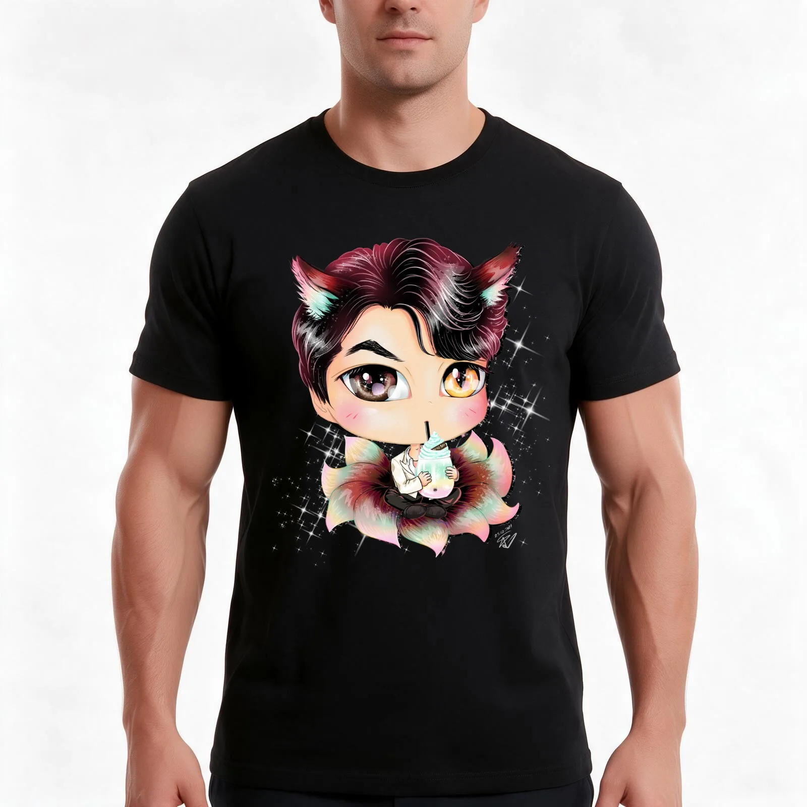 Rainbow Gumiho rank T-Shirt, Summer Casual Cotton Tee, Oversized Streetwear Tops, Vintage Graphic Print, Loose Fit Short Sleeve