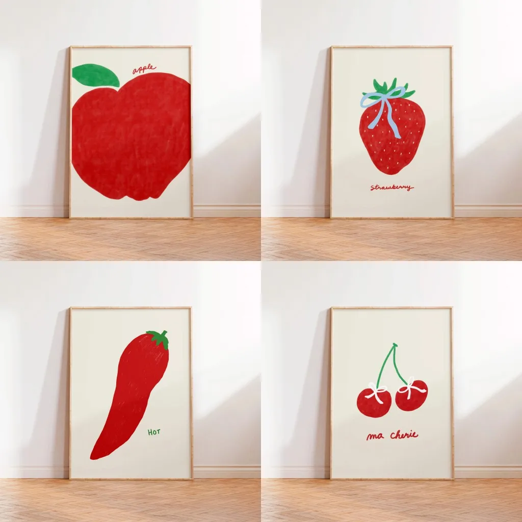 Trendy Retro Red Food Art Print Apple Strawberry Hot Chili Ma Cherie Cherry Canvas Painting Inspired Home Kitchen Decor