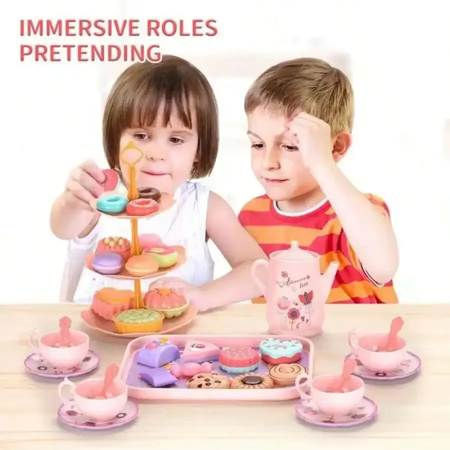Ensemble de fête de thé pour filles, 42 pièces, jouets de cuisine princesse avec biscuits desserts, beignets et théière, cadeau de jeu de rôle pour enfants