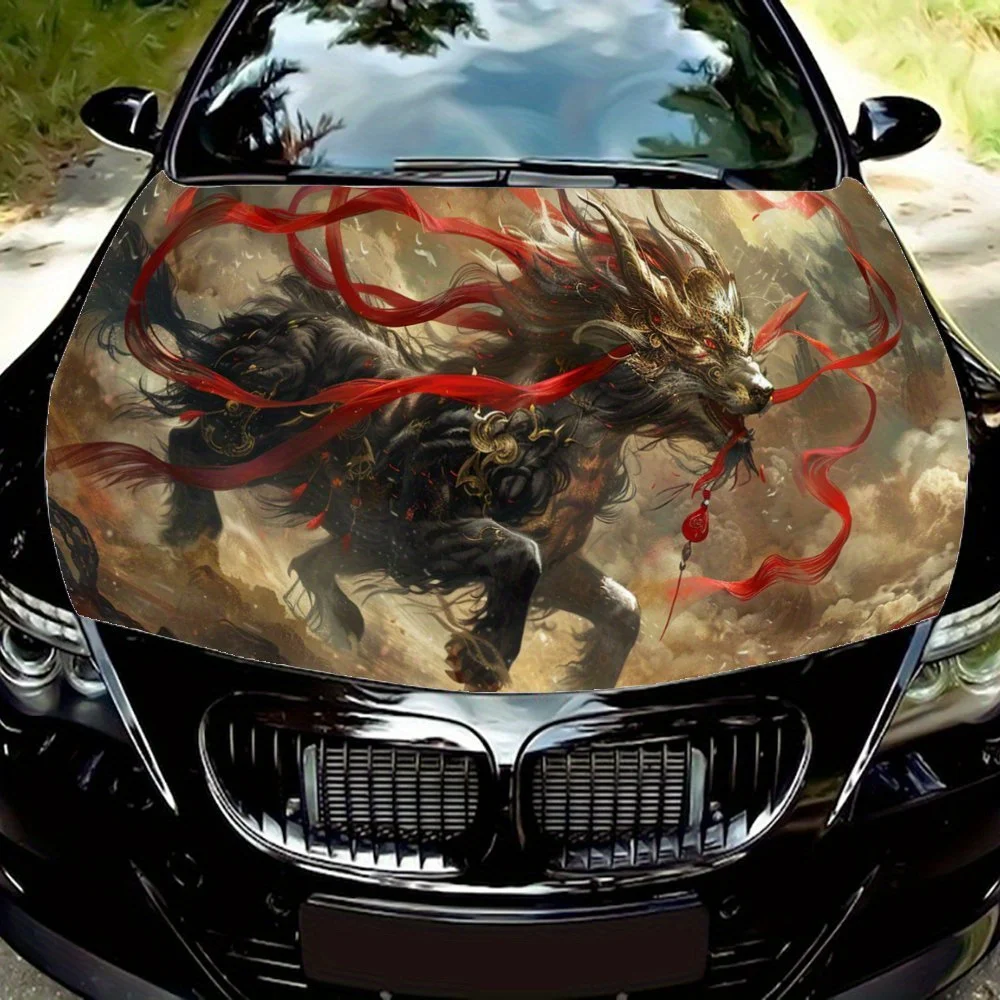 Powerful Qilin with Red Ribbon Car Hood Wrap Color Vinyl Sticker Truck Graphic Bonnet Auto Accessories Decoration Decal Gift