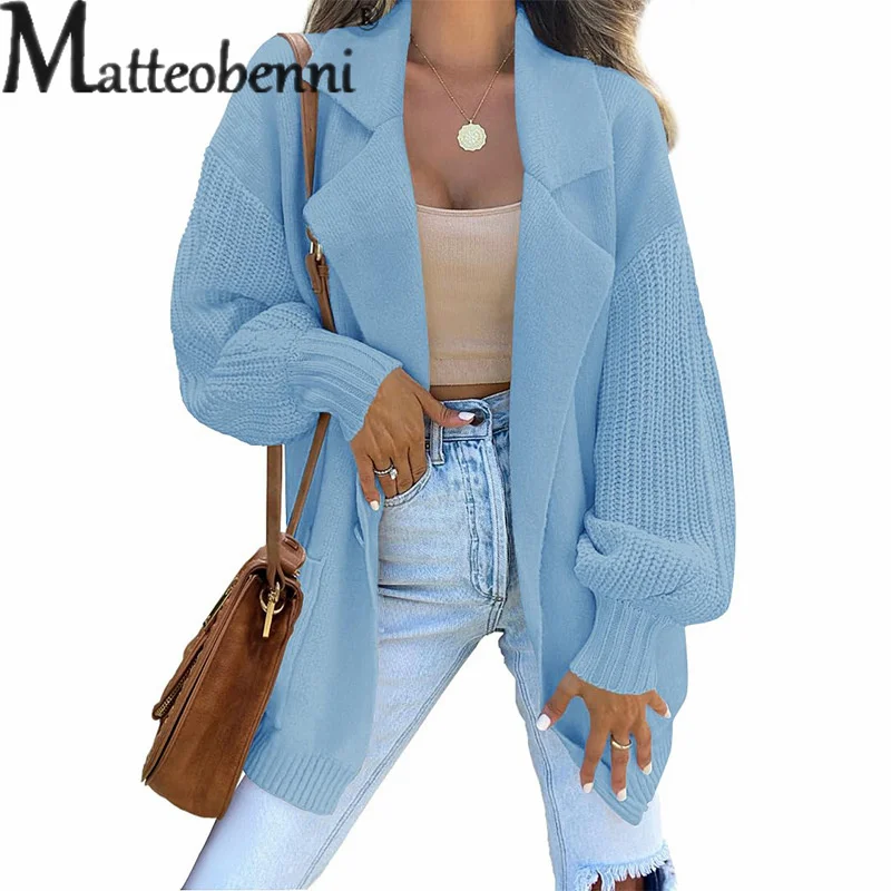 Fashion Blazer Neck One Button Splice Solid Color Sweater Autumn Women Two Pocket Jumpers Long Sleeve Knitted Outerwear Knitwear