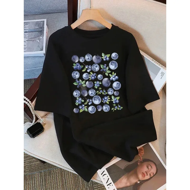 2026 Summer Women's T-shirt Fresh Blueberry Fruit Printed T-shirt Round Neck Soft Loose T-shirt Y2K Holiday Casual Clothing