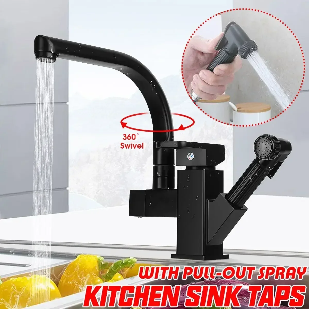 Swivel Bathroom Sink Crane Kitchen Faucet Pull Out Bidet Spray Deck Mount Black/Silver 360 Rotation Hot Cold Mixer Tap