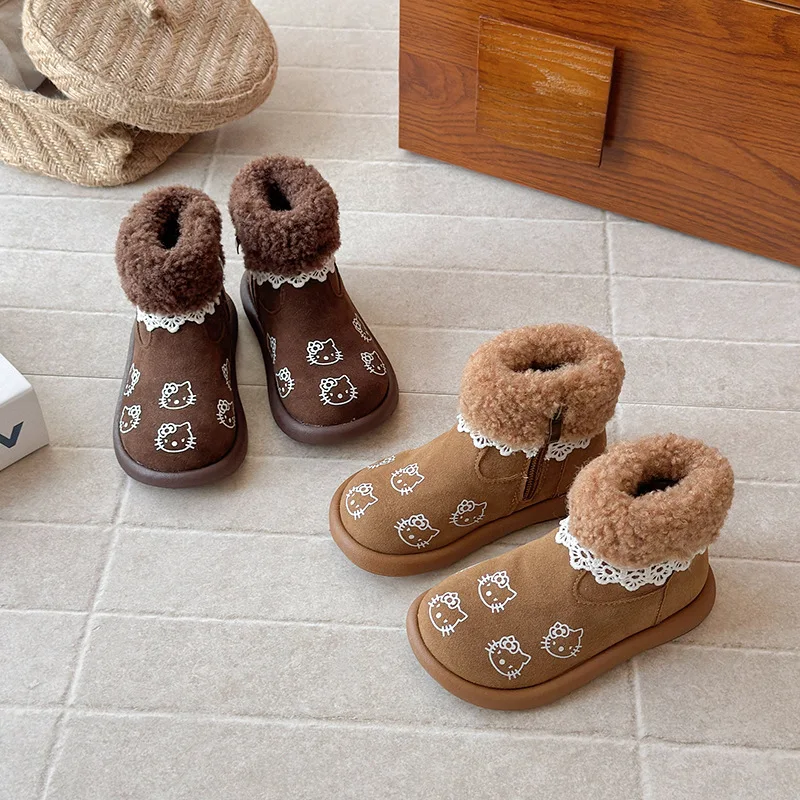 

Зимние сапоги, ботильоны, модная зимняя обувь с хлопковым принтом и героями мультфильмов для девочек, нескользящая теплая коричневая обувь цвета хаки, размер 22-31