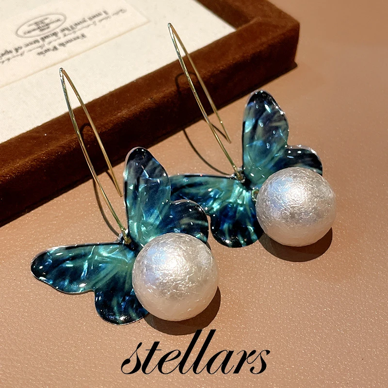 

Blue Butterfly Pearl Earrings, Unique and Stylish Hook Earrings Fashionable and Light Luxury High-End Feel